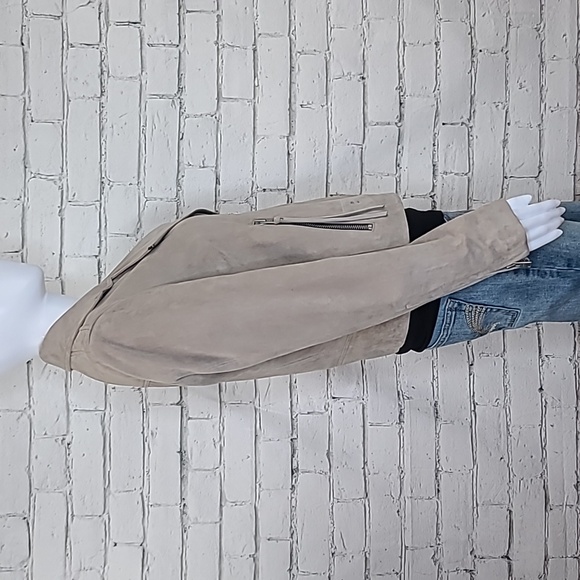 All Saints Dalby Slim Fit Cropped Suede Leather Biker Jacket in Taupe - Picture 3 of 17